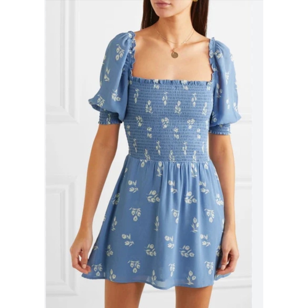 Reformation Dress Womens‎ 2 Blue Floral Smocked Square Neck Puff Sleeve Mini